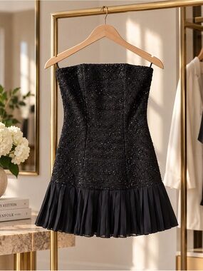 Black Strapless Sequin Pleated Hem Formal Dress